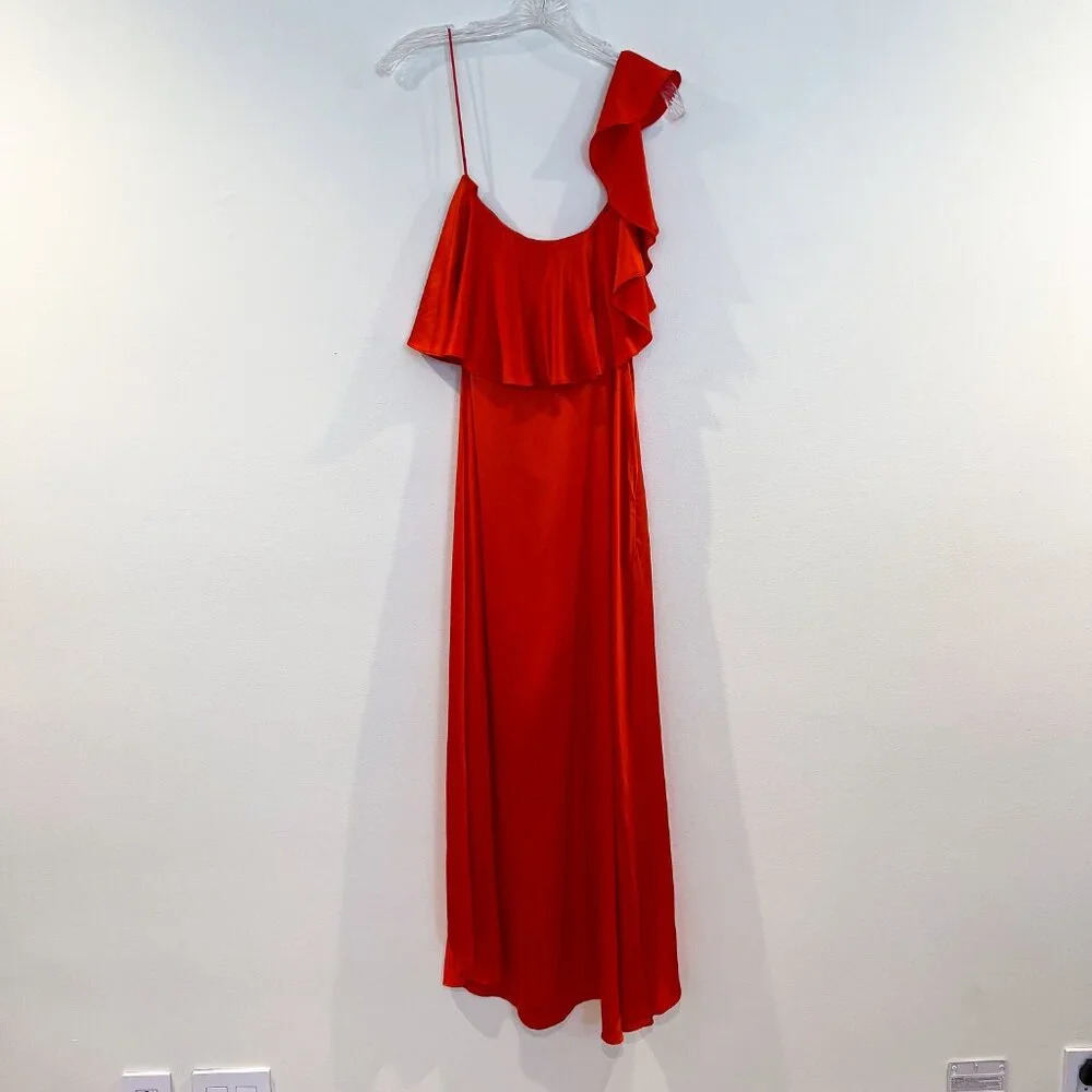 Alexis 100% Silk Red Ruffled One Shoulder Formal Satin Lightweight Midi Dress XS - Picture 10 of 10